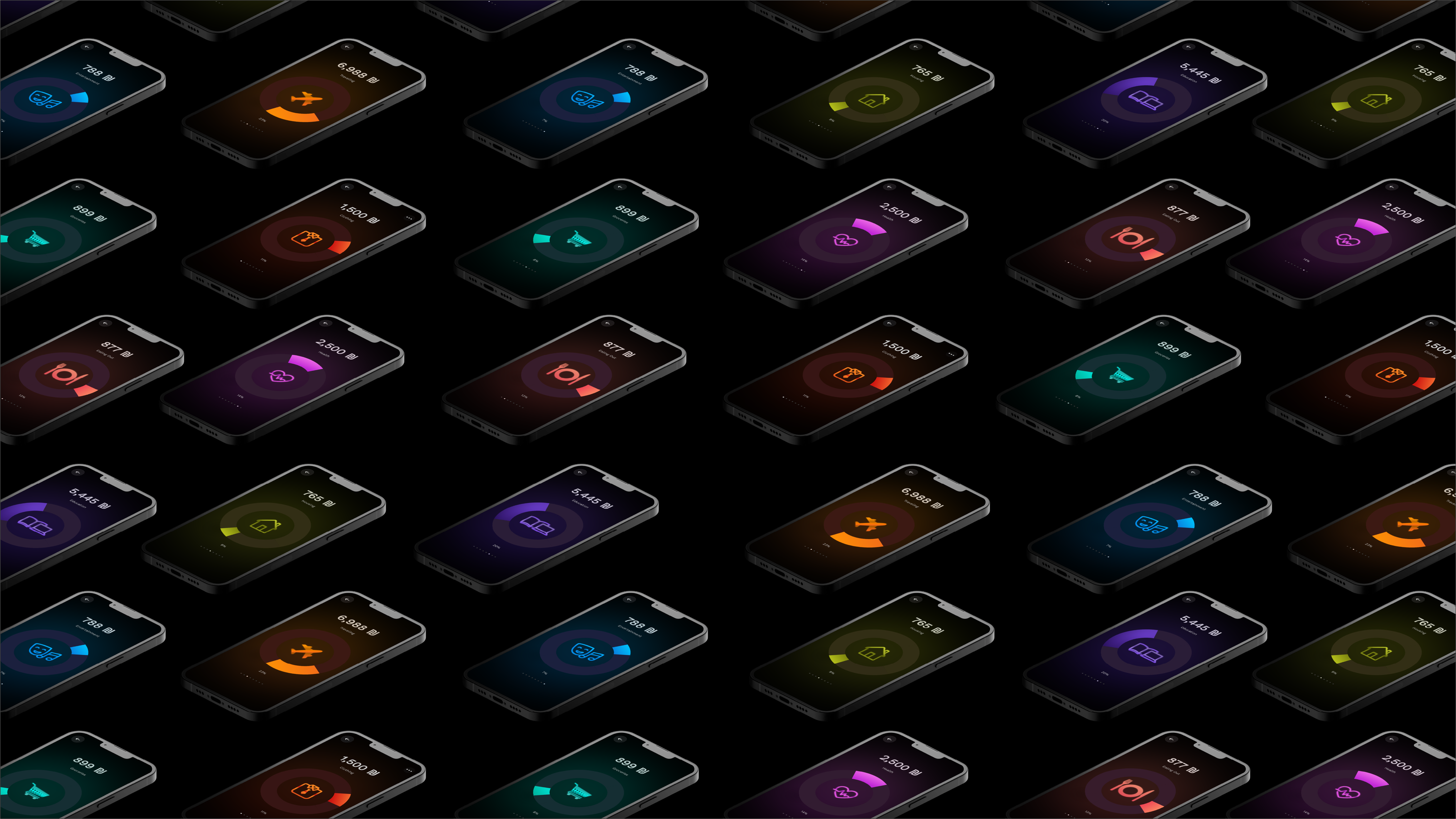 Repeating pattern of wallet app category screens on dark phones