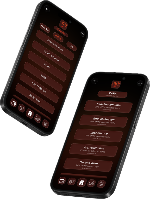 Wallet app discounts screen with retailer list