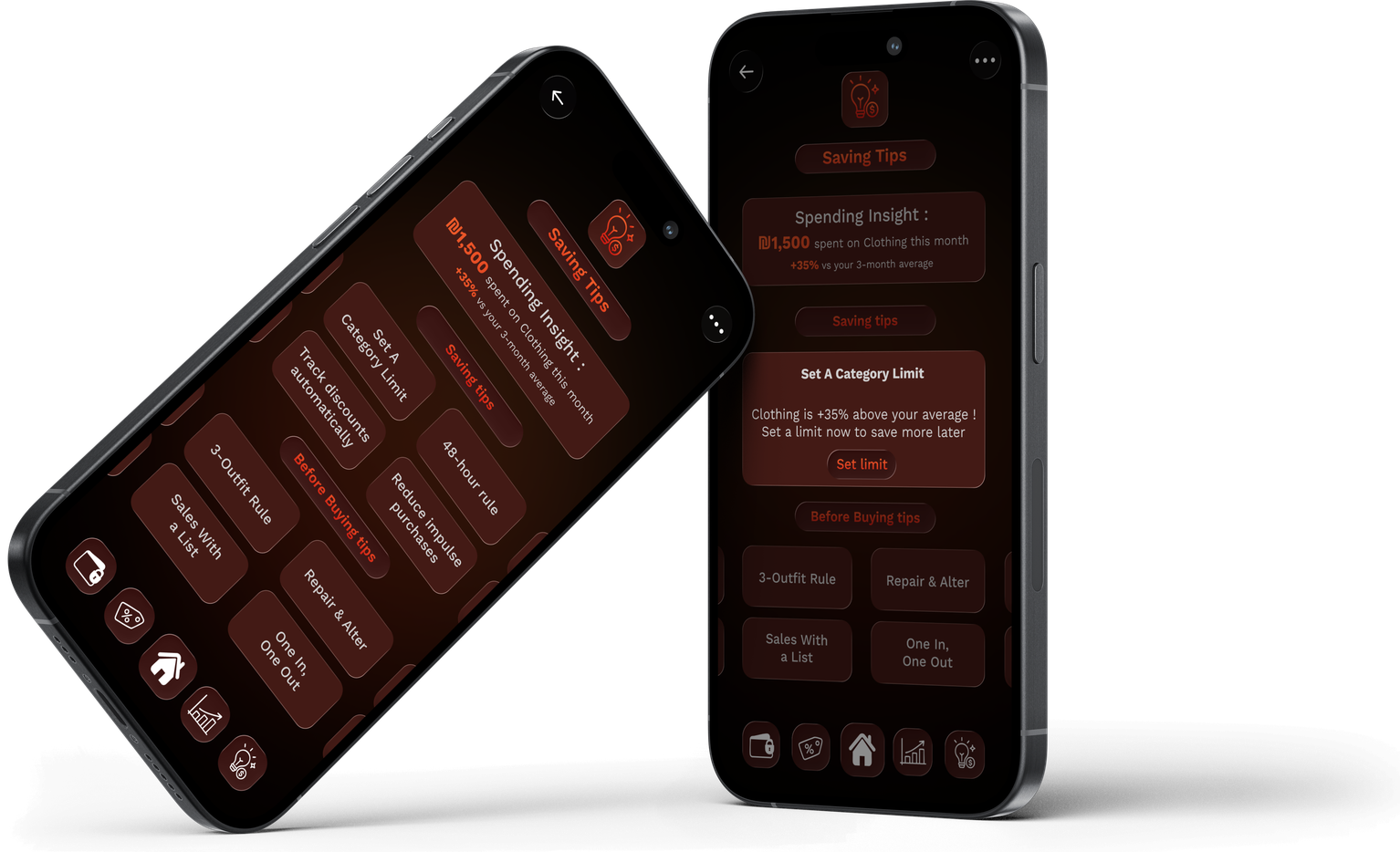 Wallet app saving tips and category limit screens